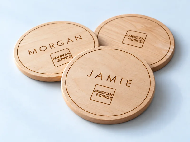 Personalized wood coasters with names and American Express branding, concept