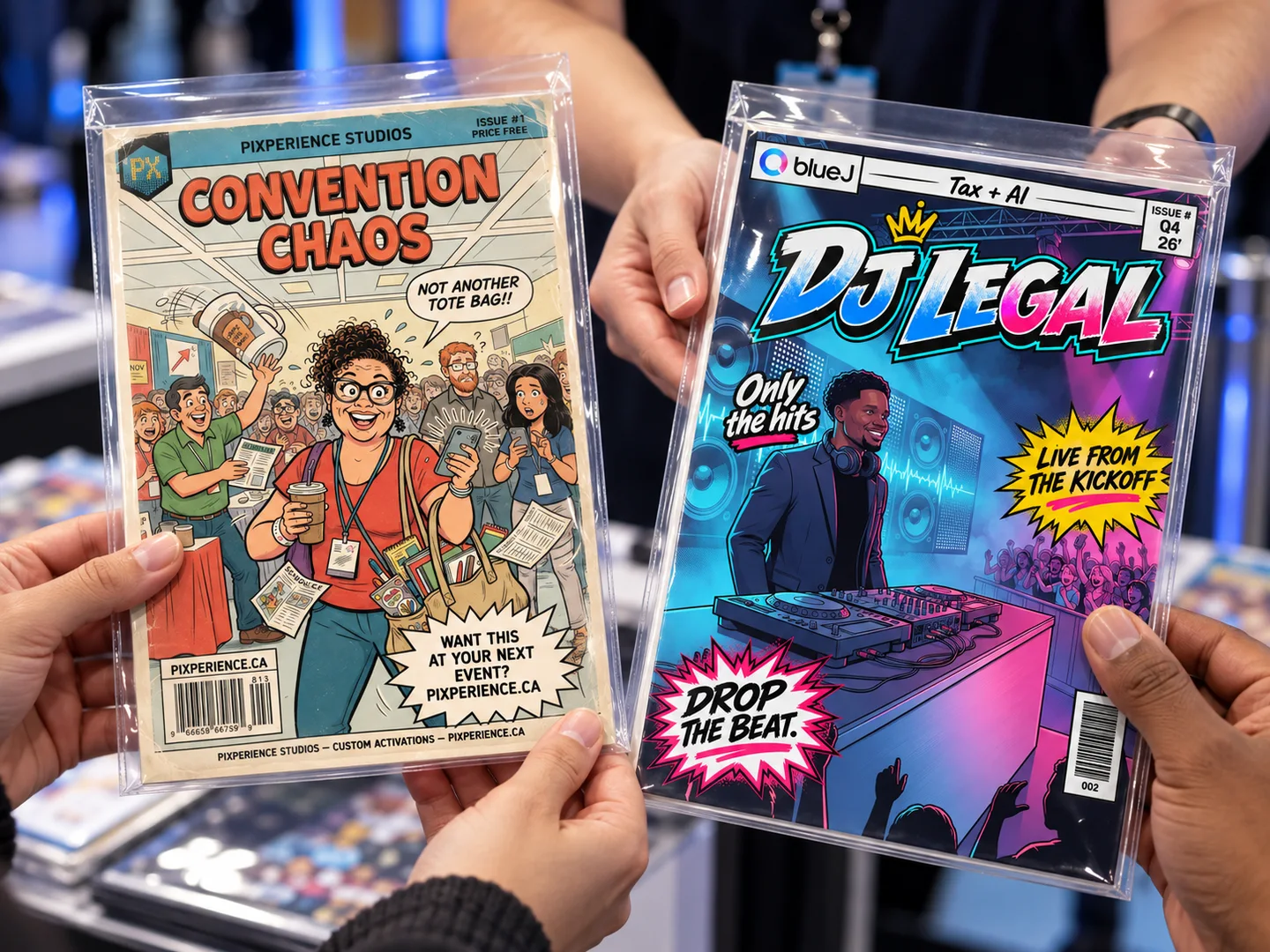 Guests receiving personalized comic covers in clear protective sleeves