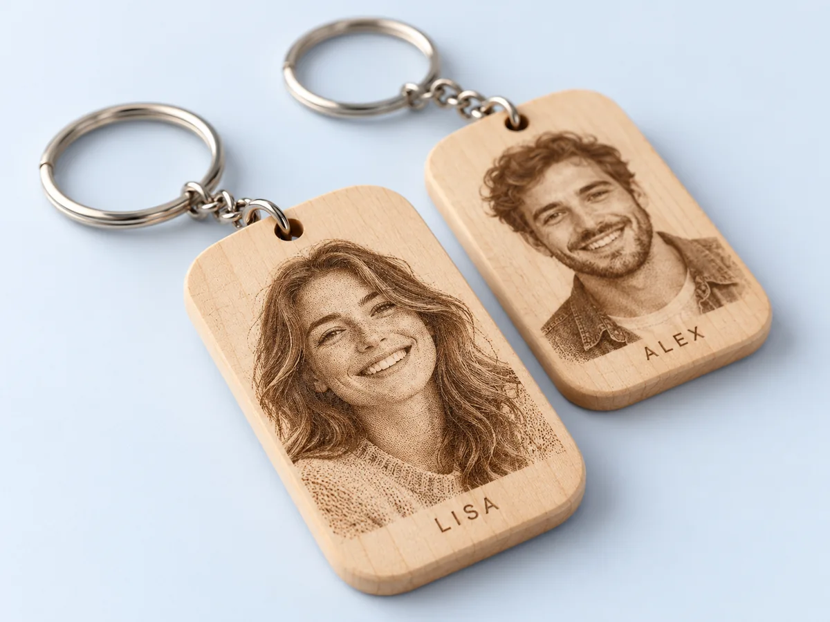 Wooden keychains with laser-engraved portraits and personalized names