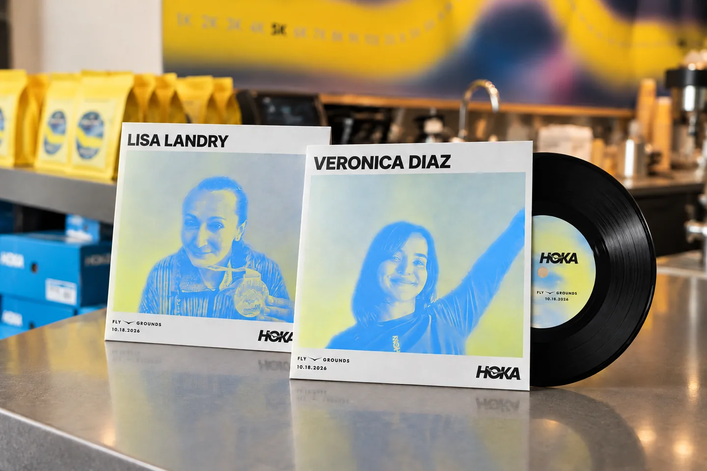 Personalized HOKA record jackets displayed with a vinyl record at a café