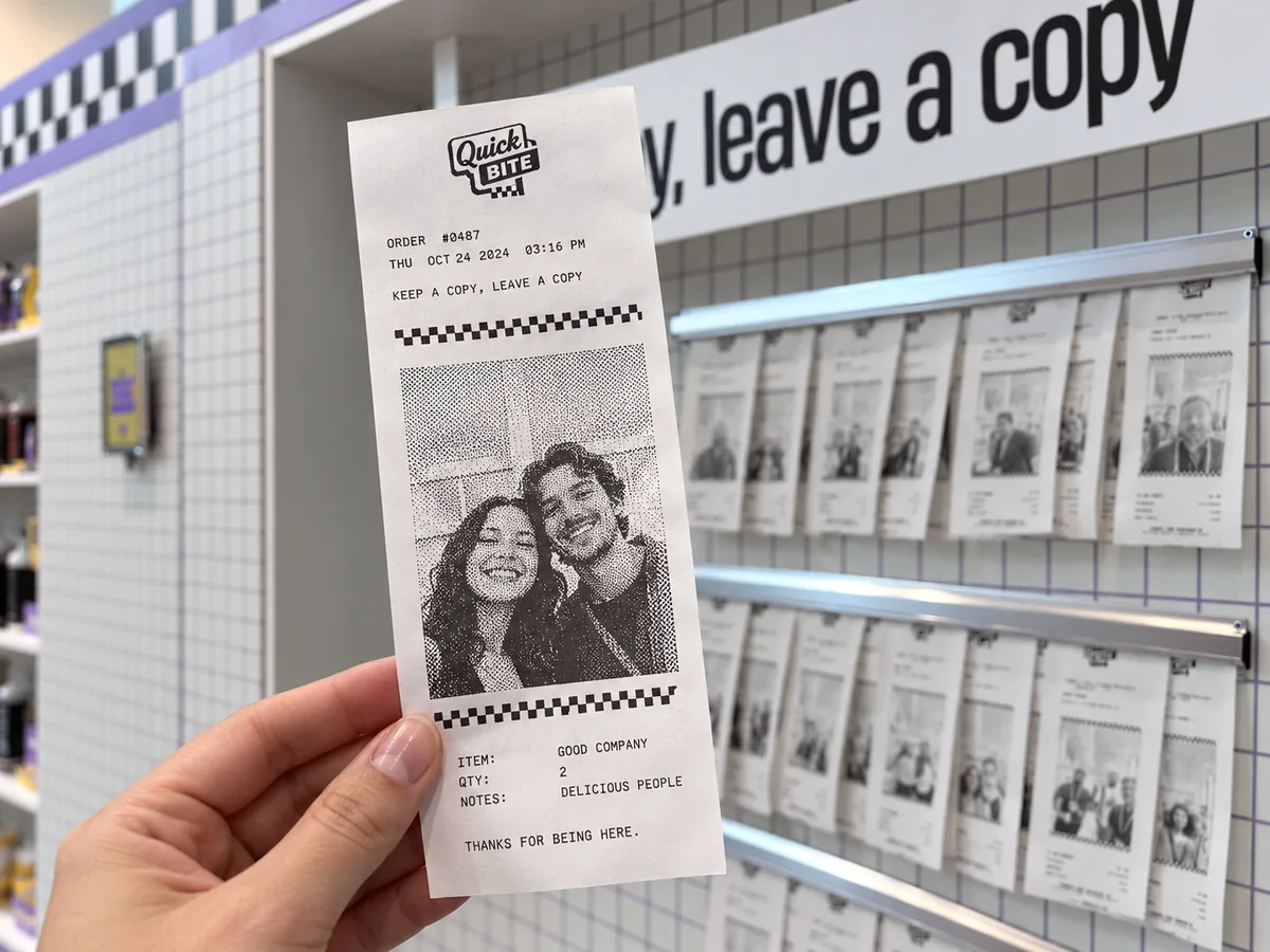 A hand holding a dithered photo receipt in front of the thermal portrait wall