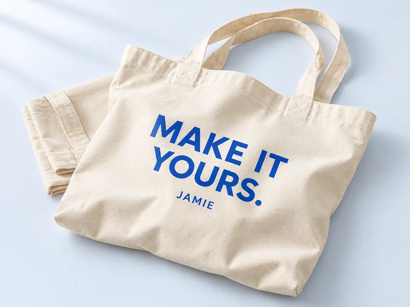Canvas tote personalized with a guest name and cobalt blue artwork